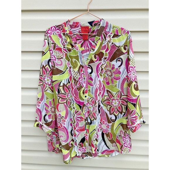 V Christina Women Sheer Long Sleeved Blouse Top Floral Rhinestone 70s size Large - Picture 1 of 10